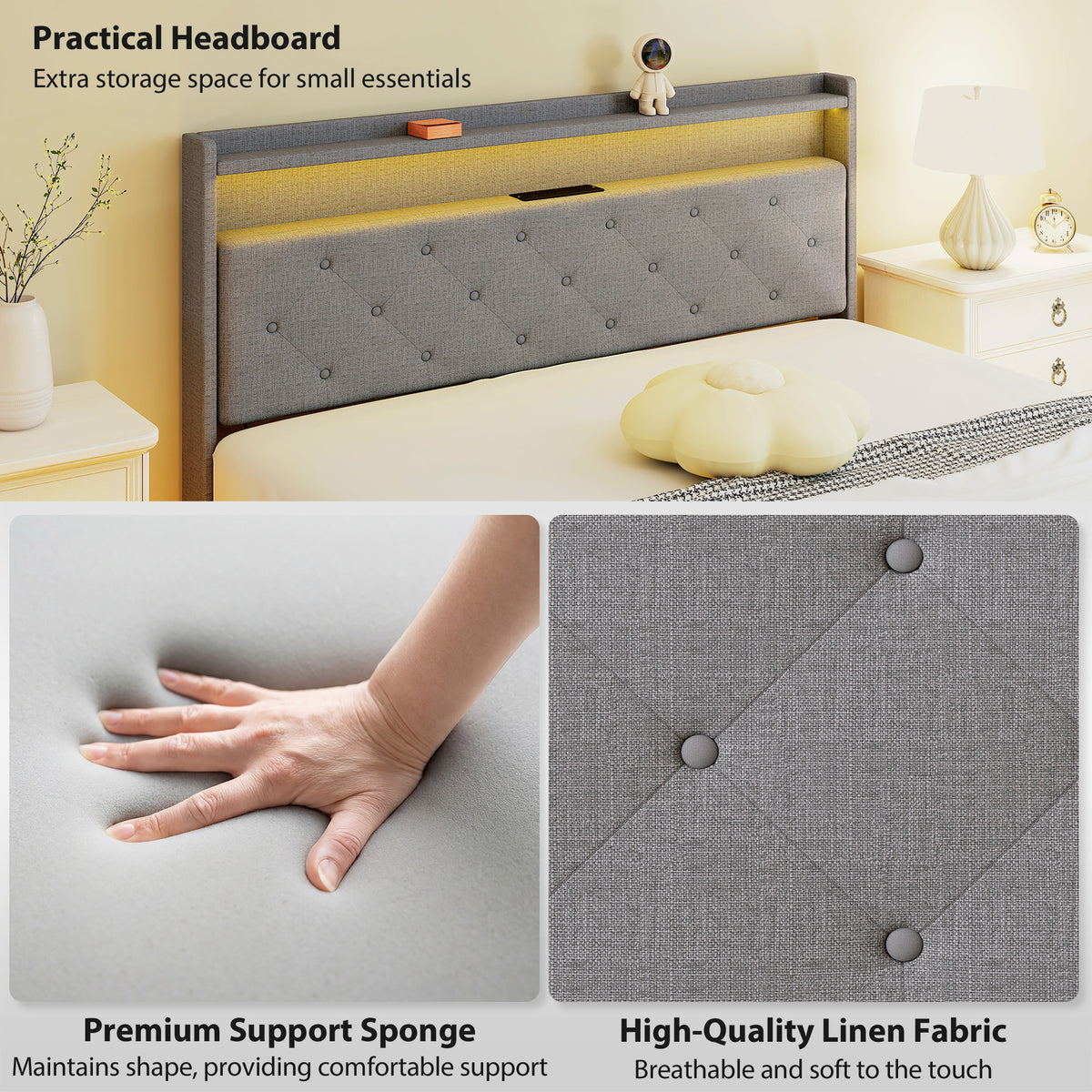 Floating Bed Frame, Upholstered 5ft King Size Bed, Platform Bed with RGB LED Lights and Charging Station, Grey