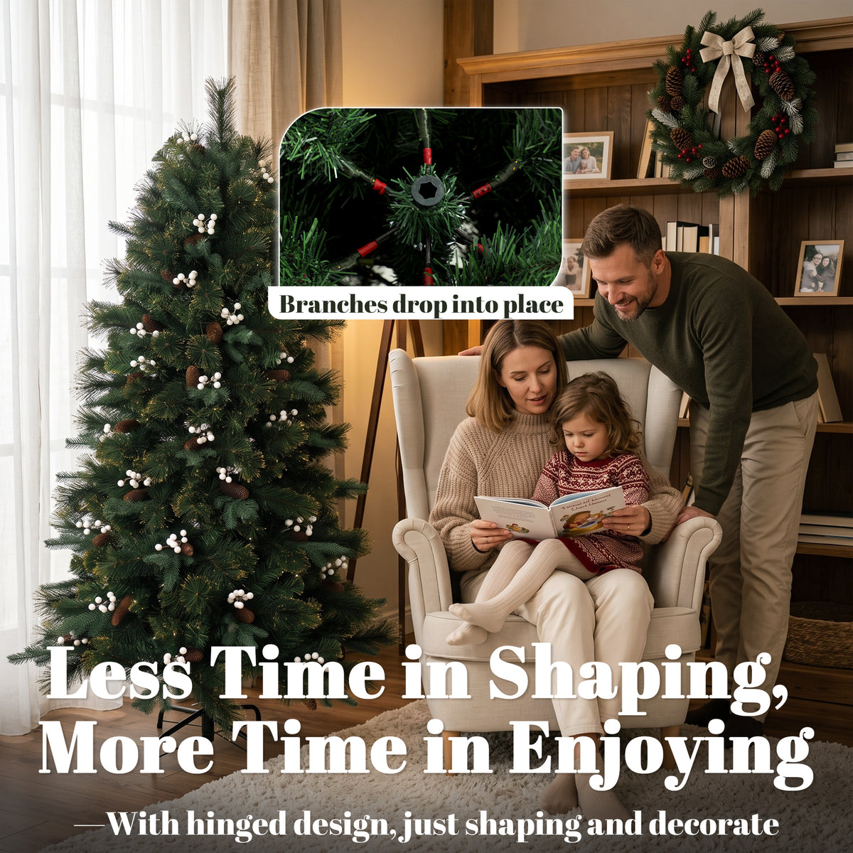 5ft Artificial Christmas Tree, Fir Hinged Xmas Tree with 490 Branch Tips, Foldable Metal Stand, Easy Assembly, Green