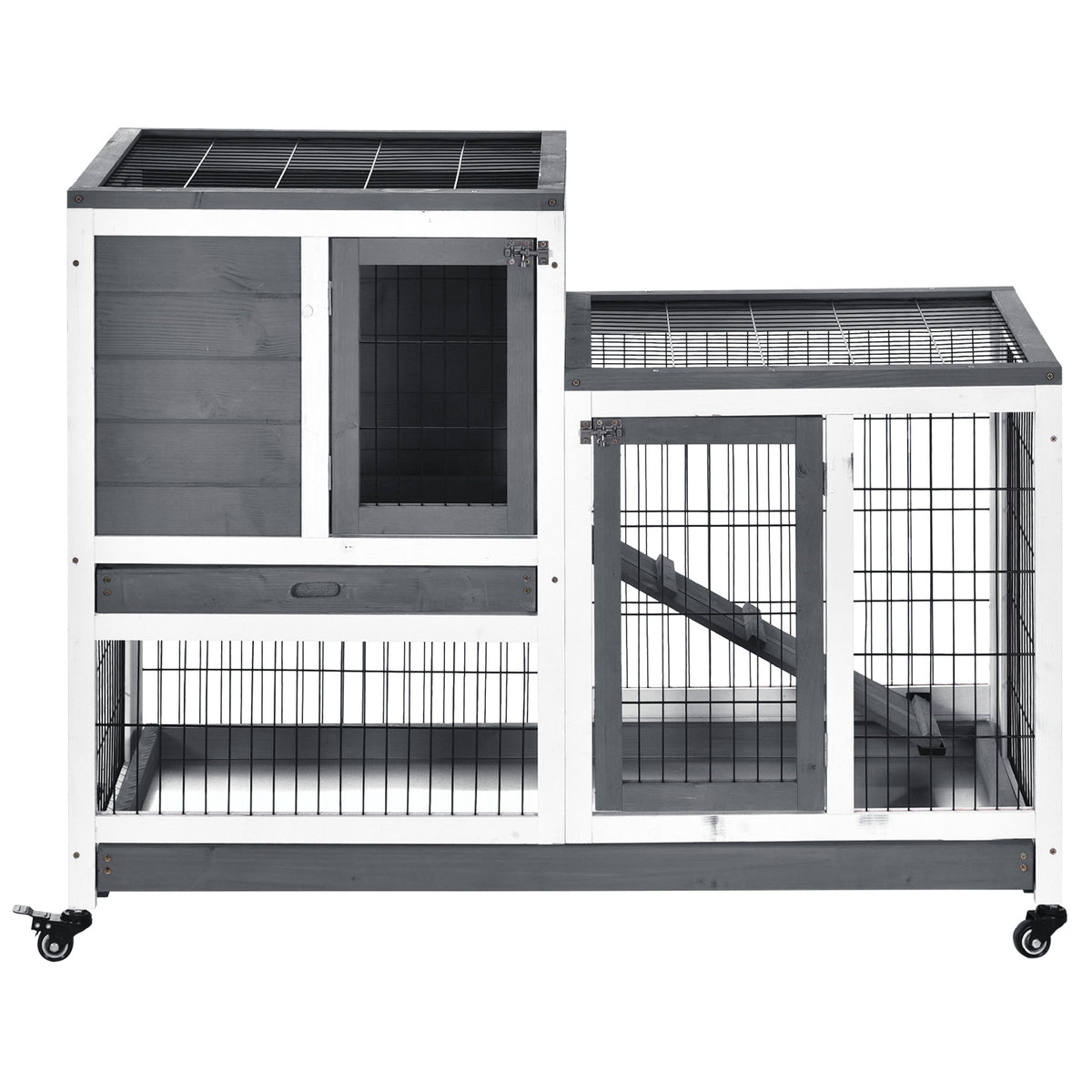 Wooden Indoor Rabbit Hutch Guinea Pig House Bunny Small Animal Cage W/ Wheels Enclosed Run 110 x 50 x 88 cm