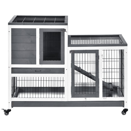 Wooden Indoor Rabbit Hutch Guinea Pig House Bunny Small Animal Cage W/ Wheels Enclosed Run 110 x 50 x 88 cm