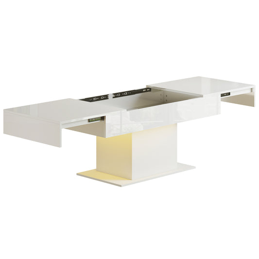 Extendable Coffee Table with LED Lights and Storage - High Gloss White