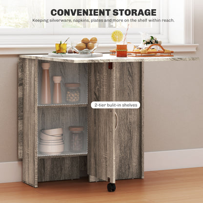 80-140 cm Folding Dining Table for 4-6 People, Drop Leaf Table with 2-Tier Shelves, Rolling Casters, for Small Spaces, Kitchen, Flat, Dining Room, Grey