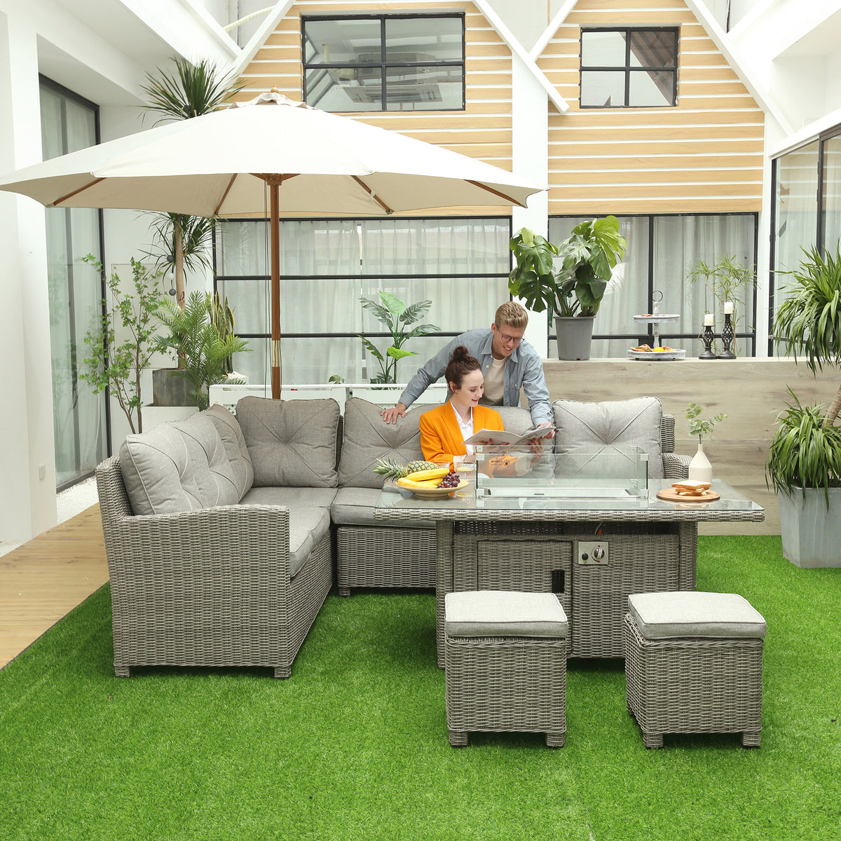 8-Seater Outdoor PE Rattan Sofa Set Conversation Set w/ Fire Pit Table, L-Shape Sofa, Footstool and Furniture Cover