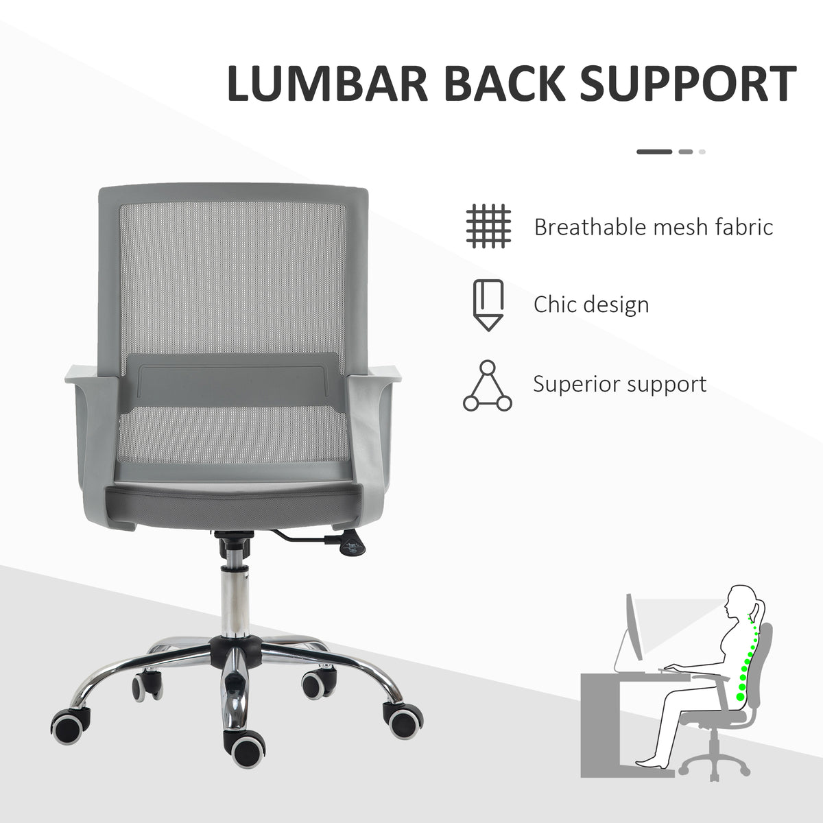 Ergonomic Desk Chair Mesh Office Chair with Adjustable Height Armrest and 360° Swivel Castor Wheels Grey