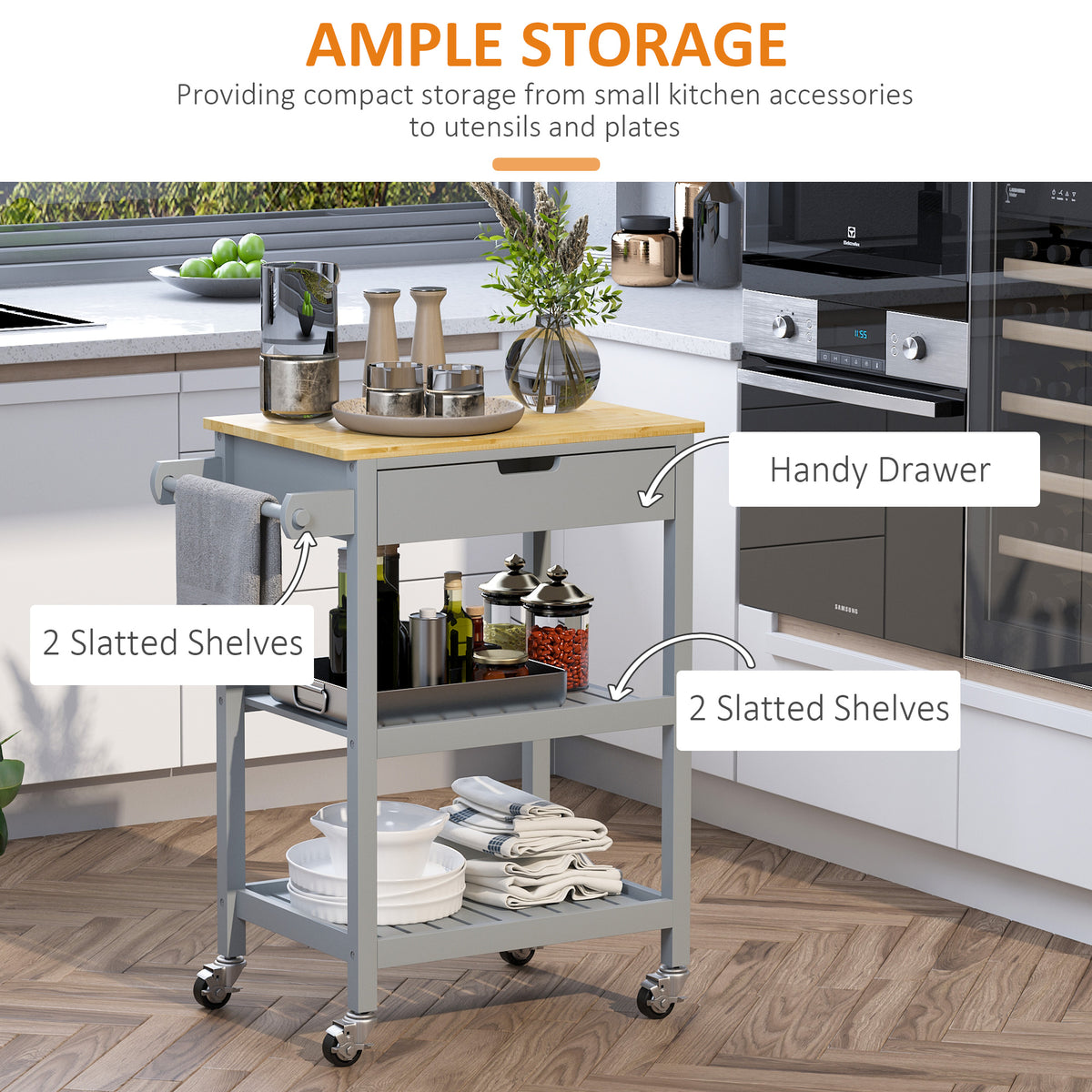 Kitchen Trolley Utility Cart on Wheels with Rubberwood Worktop, Towel Rack, Storage Shelves & Drawer for Dining Room, Grey