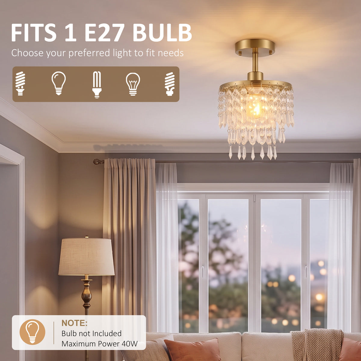 Crystal Ceiling Light with 57 Crystal Strands, Ceiling Light with Mounting Plate for Hallway