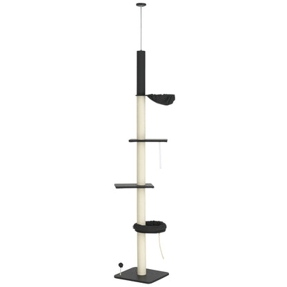 240-270cm Floor-To-Ceiling Cat Tree, 5 Tier Cat Climbing Tower, with Bed, Hammock, Platforms, Dark Grey and Cream