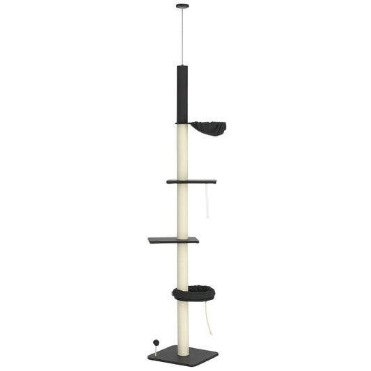 240-270cm Floor-To-Ceiling Cat Tree, 5 Tier Cat Climbing Tower, with Bed, Hammock, Platforms, Dark Grey and Cream