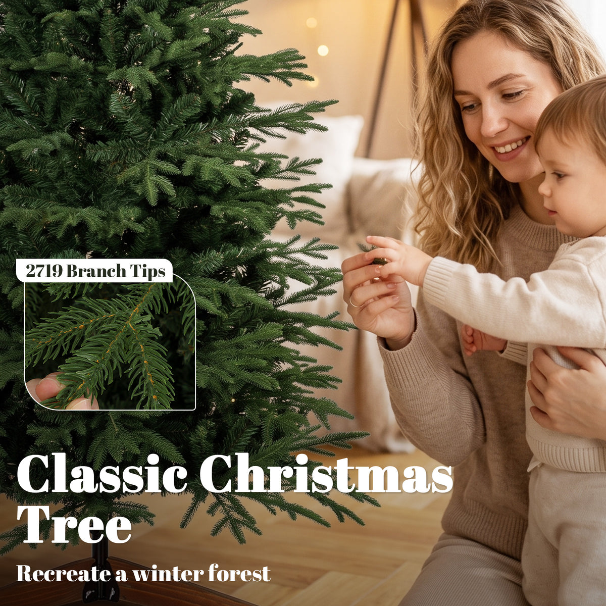 7ft Artificial Christmas Tree Full Hinged Xmas Tree Solid Pine Wood Stand, Green