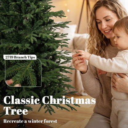 7ft Artificial Christmas Tree Full Hinged Xmas Tree Solid Pine Wood Stand, Green