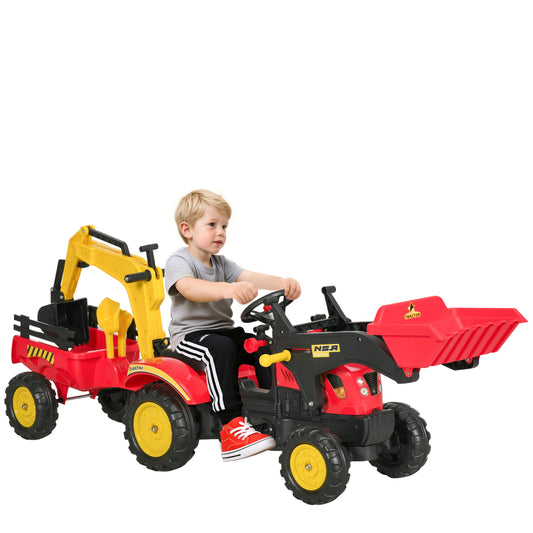 Ride On Tractor for Kids, 3 in 1 Ride On Excavator Toy Car with Adjustable Bucket, Digger and Removable Trailer, Pretend Play Construction Truck for 3-6 Years