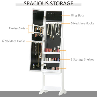 Free Standing LED Mirrored Jewelry Cabinet Armoire Floor Organiser W/ 3 Angle Adjustable For Rings Earrings Bracelets Cosmetics Warm White