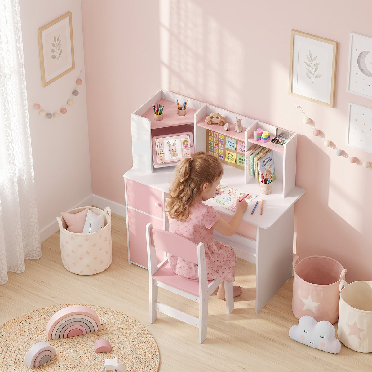 Kids Desk and Chair Set Storage Shelves Kids Desk Adjustable Tablet Stand Cork Board Pen Holder Pink