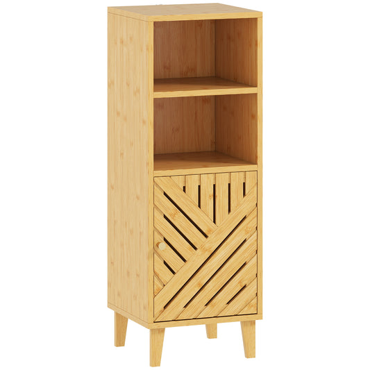 Slim Bathroom Cabinet with Bamboo Door and Legs, Narrow Bathroom Storage Cabinet, Freestanding Storage Cupboard with Open Compartments, 32 x 30 x 90 cm, Natural Wood Finish
