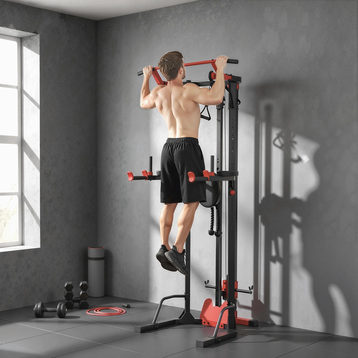 Power Tower with Lat Pull Down Machine, Pull Up Bar, Dip Station, Adjustable Height Power Pack for Home Gym