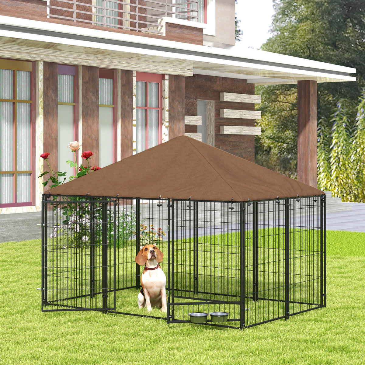 Large Dog Kennel Outdoor Dog Play Pen with Canopy Rotating Bowl for Large Dogs, Brown