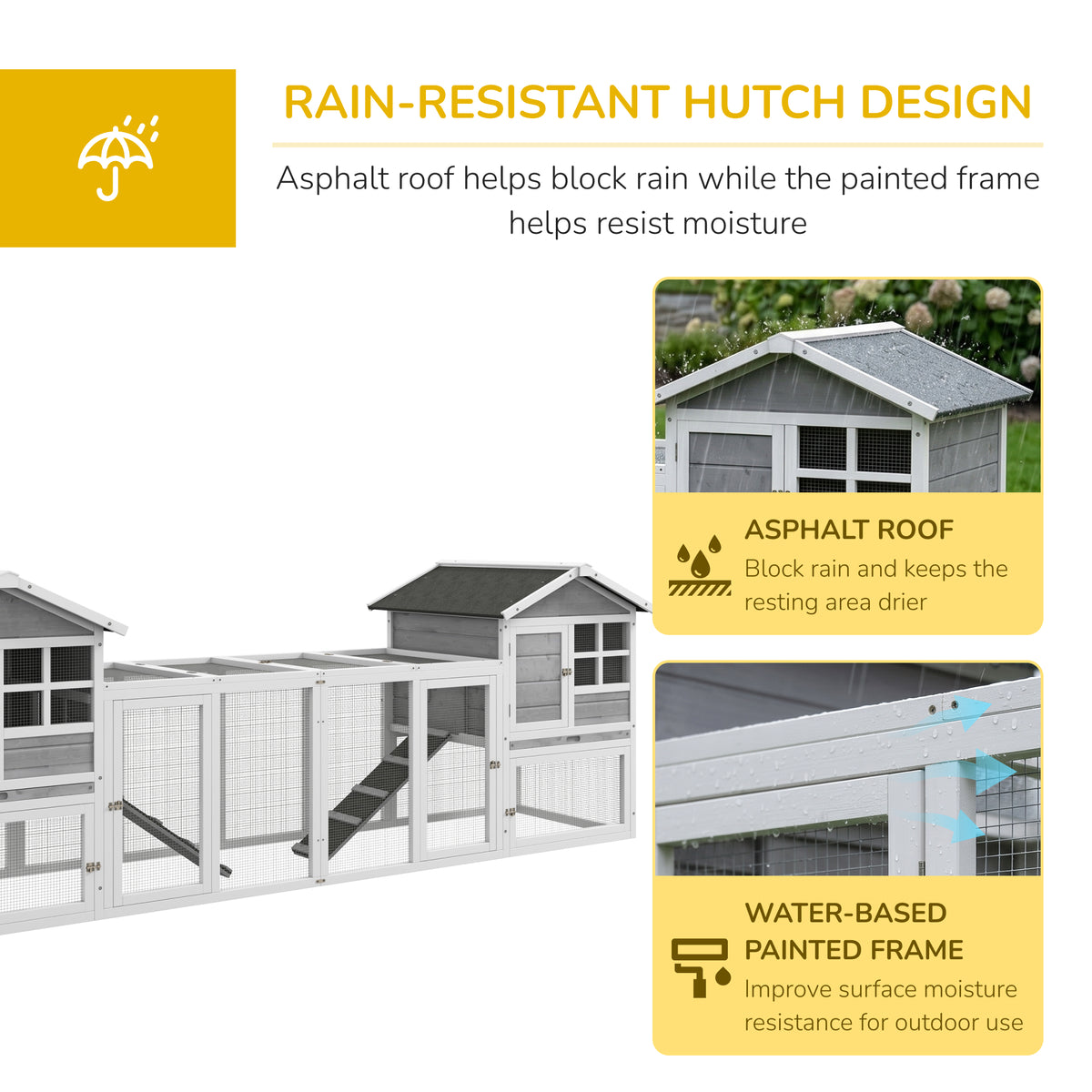 2 in 1 Rabbit Hutch Outdoor Guinea Pig Hutch Bunny Run Double Main House with Run, No-Leak Tray 259 x 64 x 92cm, Grey