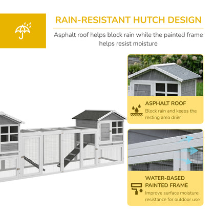 2 in 1 Rabbit Hutch Outdoor Guinea Pig Hutch Bunny Run Double Main House with Run, No-Leak Tray 259 x 64 x 92cm, Grey