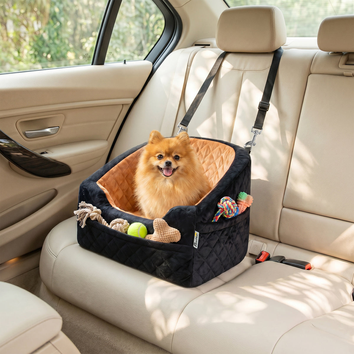 Dog Car Seat, Detachable Washable Dog Booster Seat with Thick Cushion, Seat Belt, Pockets for Small Under 10kg
