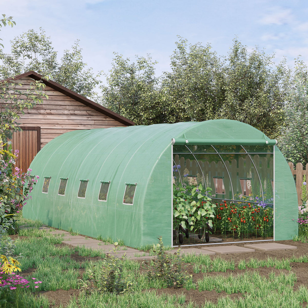 6 x 3 x 2 m Polytunnel Greenhouse with Roll-up Door and 12 Mesh Windows, Walk-in Garden Tunnel Warm House Tent with UV-resistant PE Cover and Galvanised Steel Frame, Green