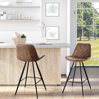 Set Of 2 Bar Stools Vintage Microfiber Cloth Tub Seats Padded Comfortable Steel Frame Footrest Quilted Home Bar Cafe Kitchen Chair Brown