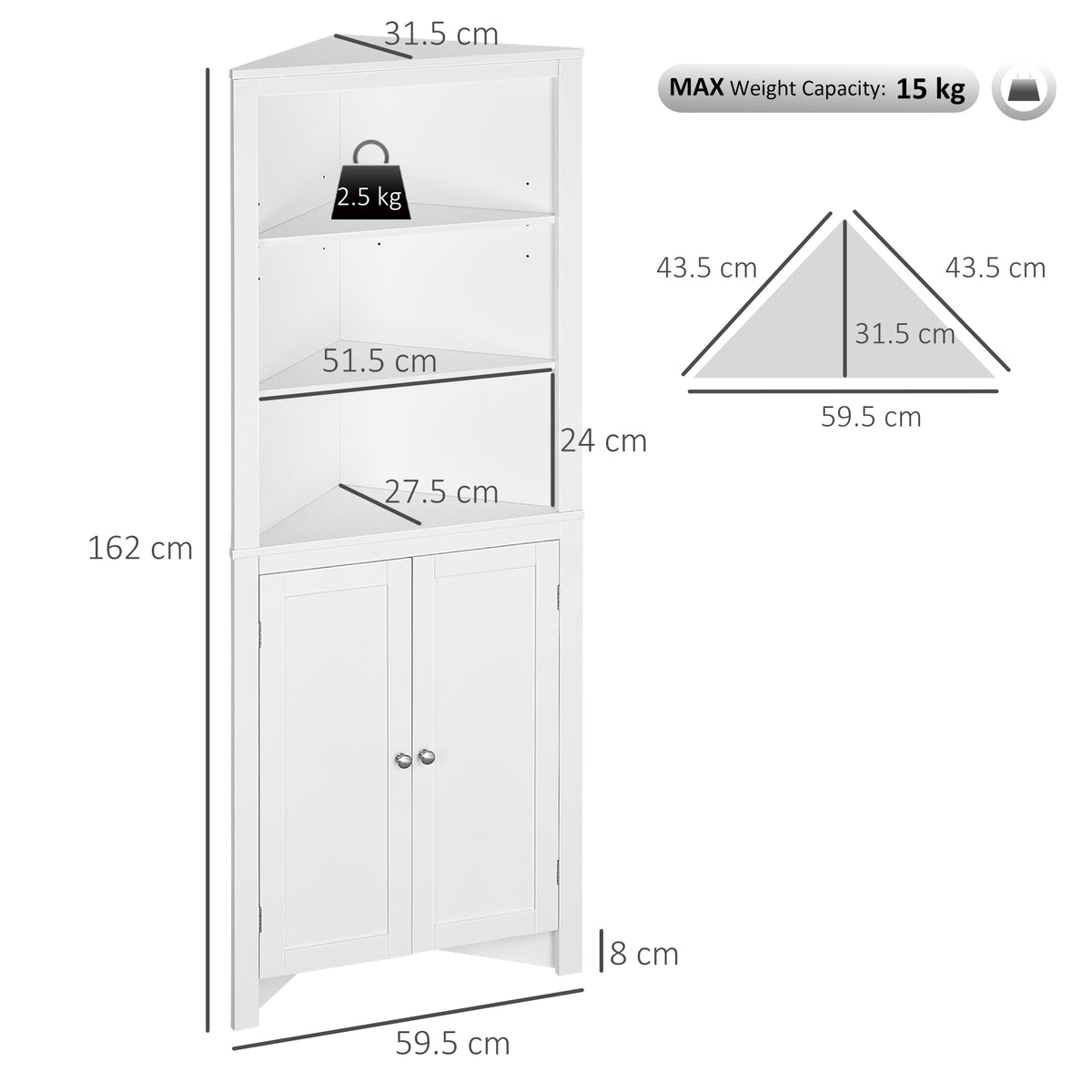 Triangle Bathroom Cabinet, Corner Bathroom Storage Unit with Cupboard and 3-Tier Shelves, Free Standing, White