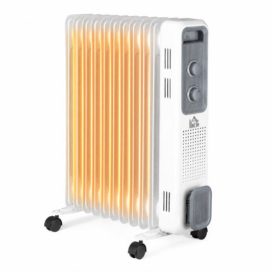 2500W Oil Filled Radiator, 11 Fin, Portable Electric Heater with 3 Heat Settings, Safety Cut-Off and Wheels