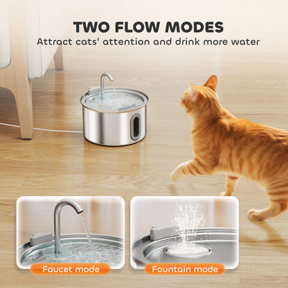 2.5L Stainless Steel Cat Water Fountain for Drinking with Ultra-Silent Pump, Water-Level Window, 7 Filters