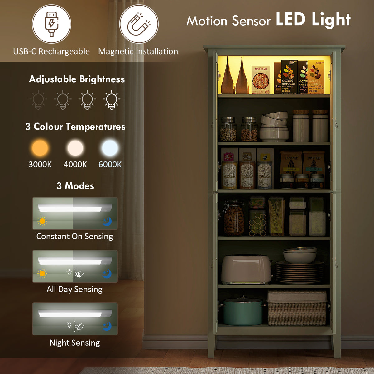 Tall Pantry Cupboard with Motion Sensor LED Light