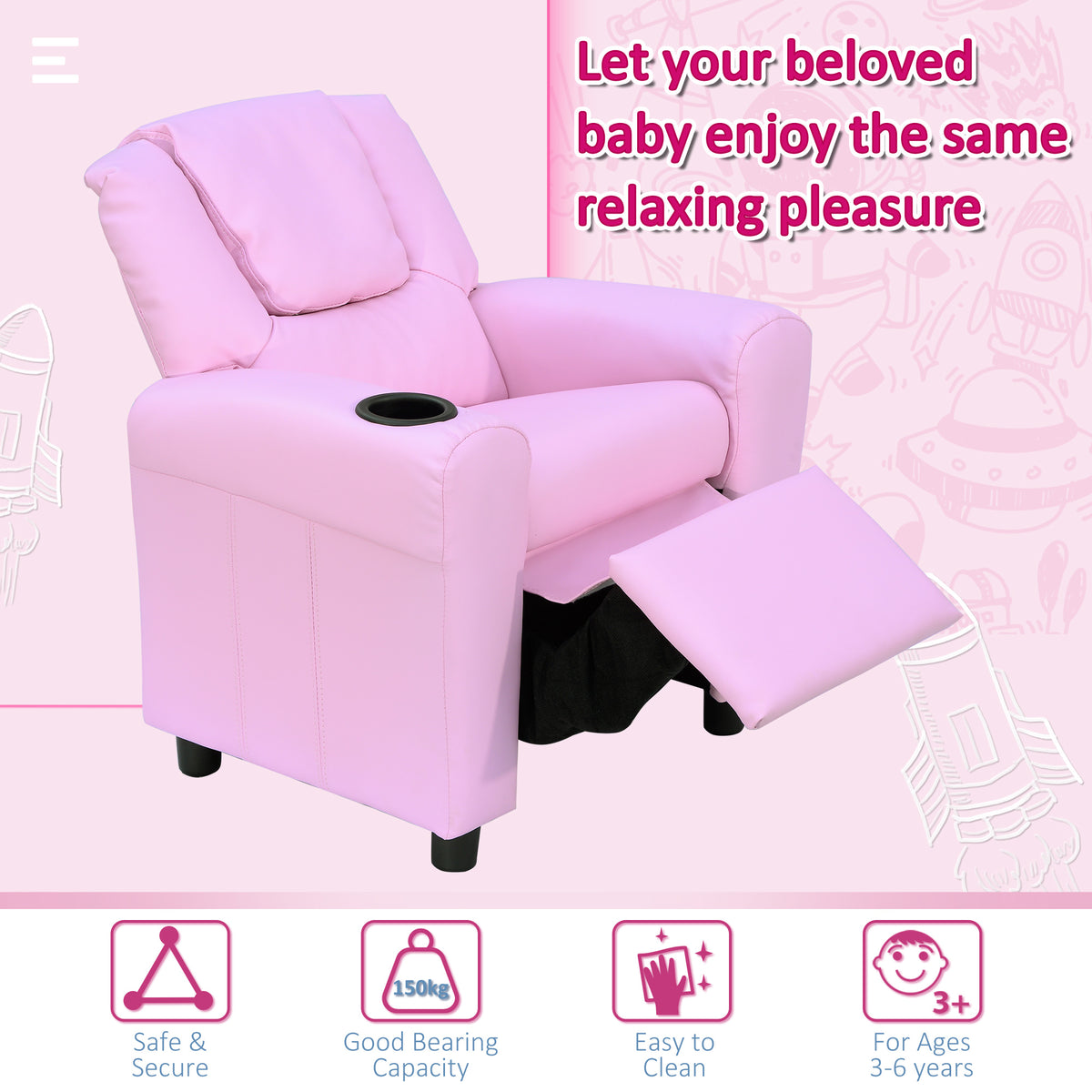 Kids Recliner Chair, PU Leather with Adjustable Backrest, Footrest, Padded Headrest, Pink