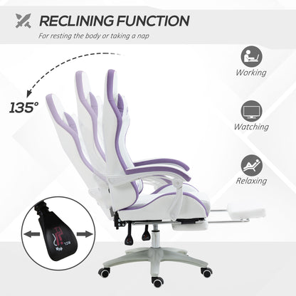 Computer Gaming Chair, PU Leather Office Desk Chair with Footrest, Swivel Wheels, 135° Reclining Back, Lumbar Support, Headrest for Home, White and Purple