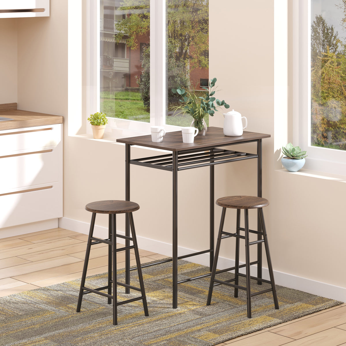 Bar Table Set, Bar Table and Stools Set, Footrest and Storage Shelf, for Kitchen, Dining Room, Pub, Cafe