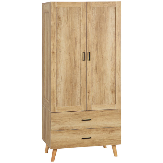 2 Door Wardrobe, Modern Wardrobe with 2 Drawer and Hanging Rail for Bedroom