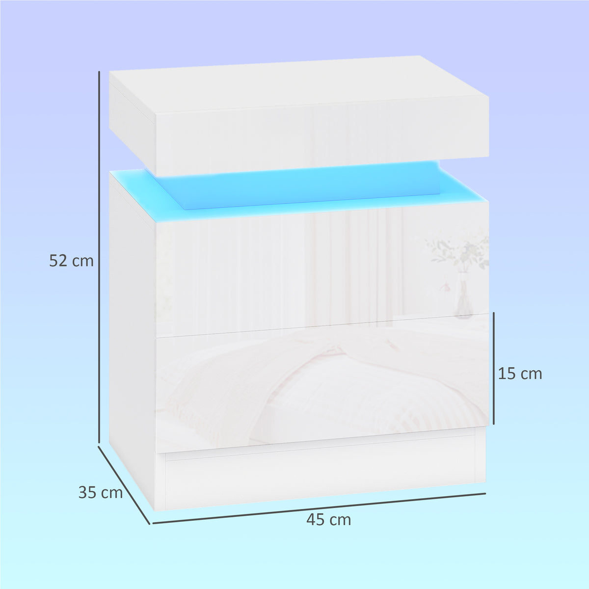White Bedside Table with LED Light, High Gloss Front Nightstand with 2 Drawers, for Living Room, Bedroom, Set of 2