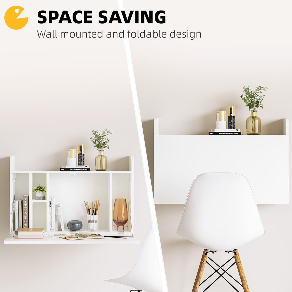 Wall Mounted Table, Drop Leaf Floating Laptop Desk with Space Saving Storage Compartments for Home Office and Study, 77cm x 20cm x 51cm