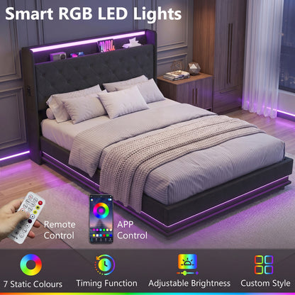 4ft6 Double Bed Frame with Headboard, Platform Bed Frame with Hydraulic Storage, LED Lights and Charging Station, Black