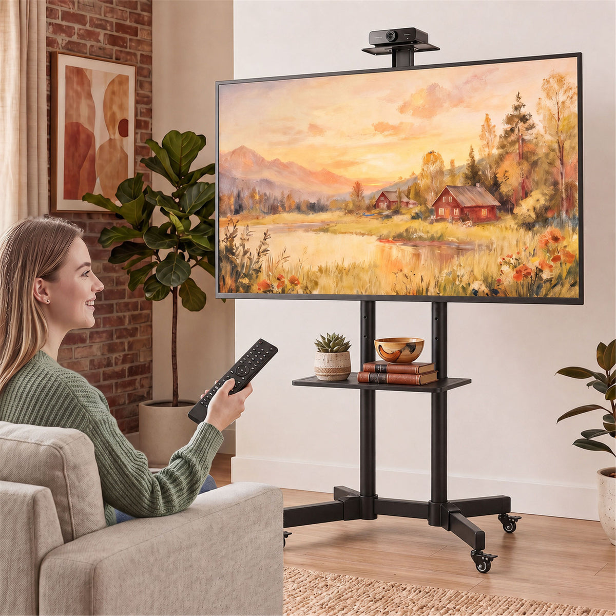 Mobile TV Stand on Wheels for 32-75 Inch Screens, Mobile TV Cart with Tilt, Height Adjustable, Black