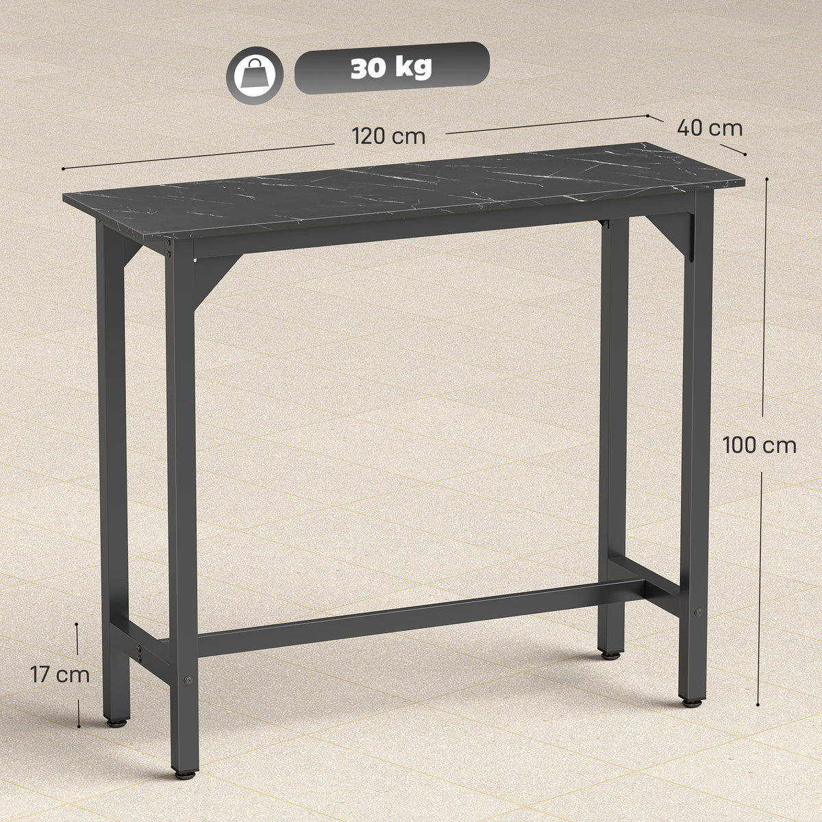 Rectangular Bar Table, Marble Effect Pub Coffee Table for Small Space, Breakfast Dining, Black Marble Effect