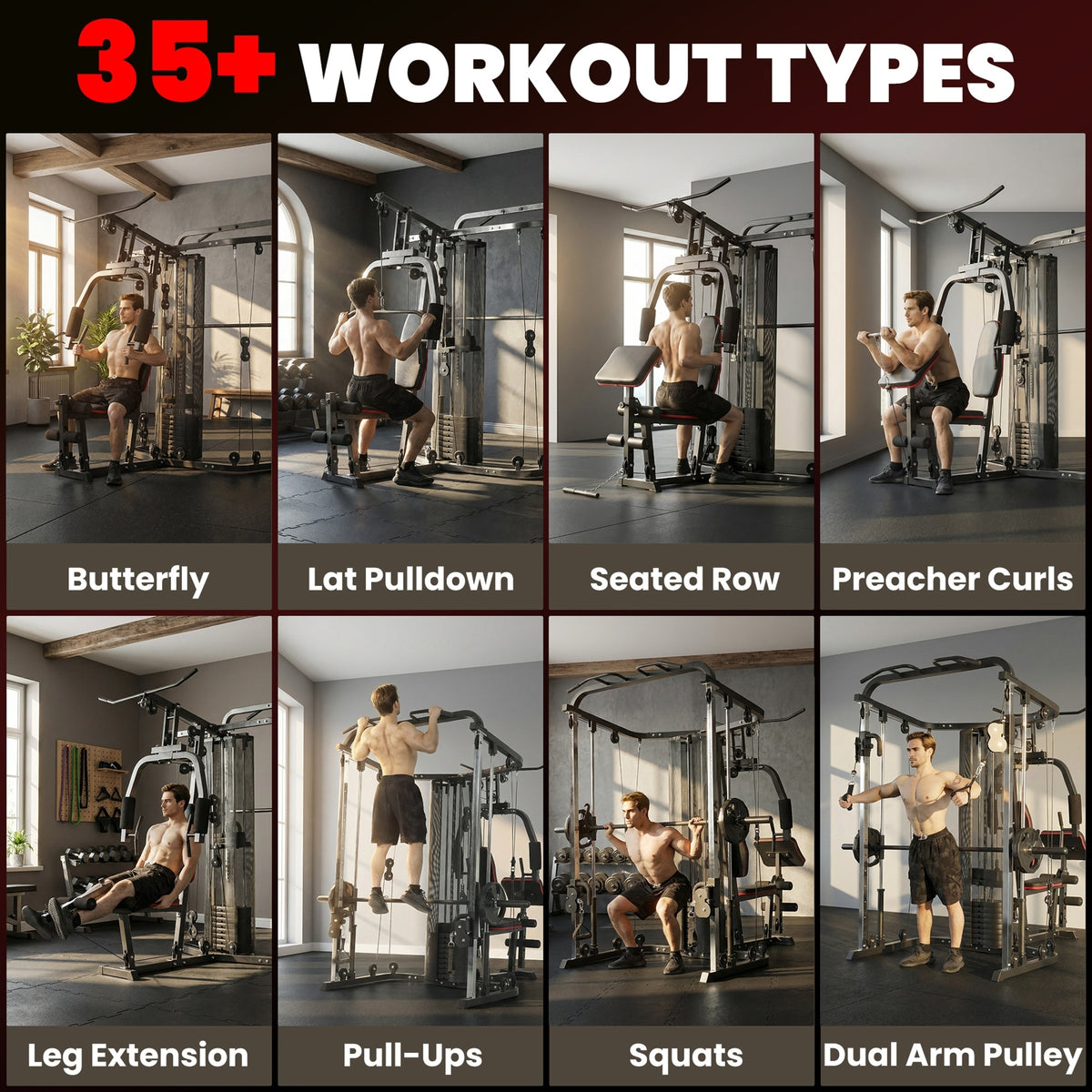 Home Multi Gym Smith Machine with 65kg Weight Stack, Cable Pulley System, Chest Station, Preacher Pad & Leg Developer