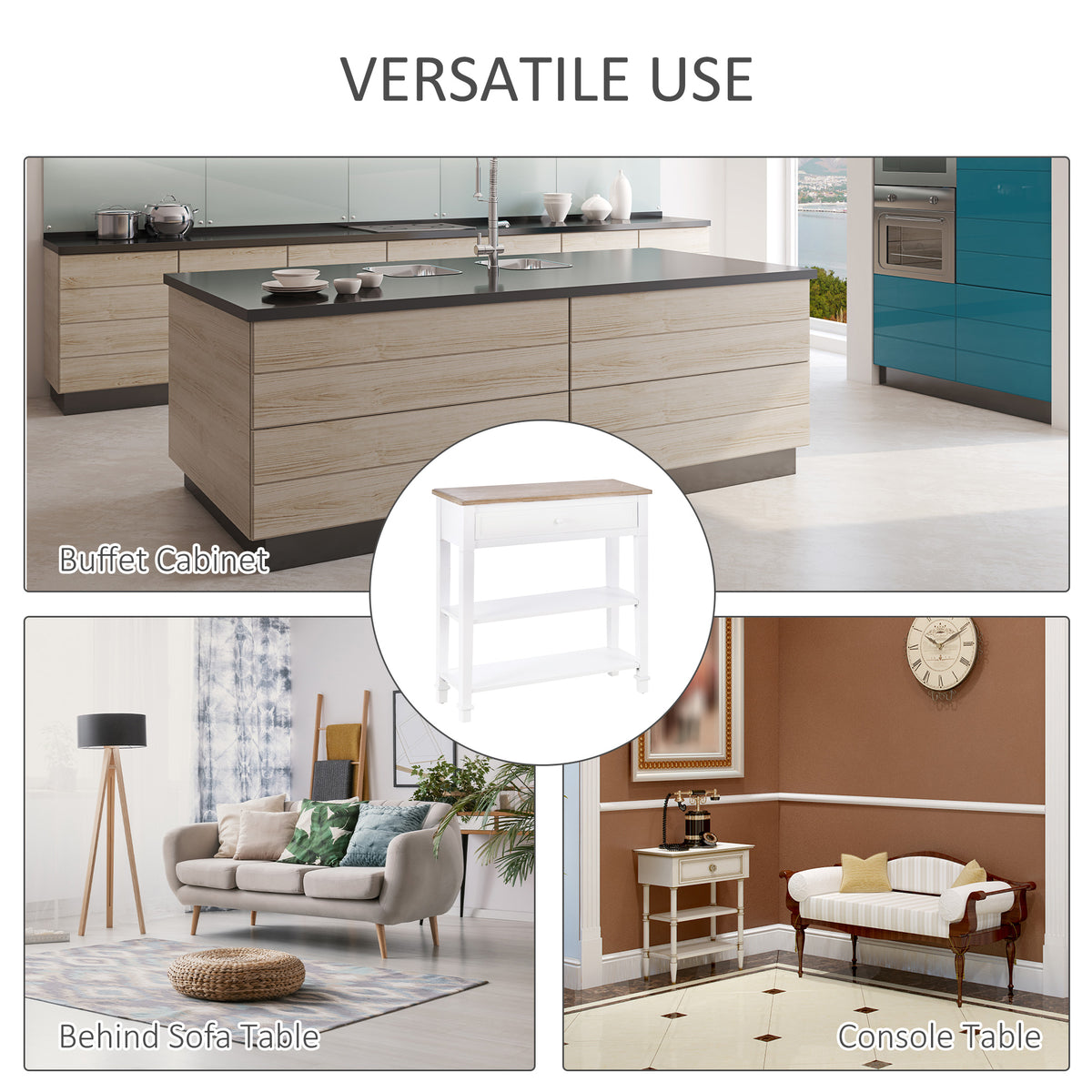 Console Table Hallway Side Desk 1 Drawer 2 Shelves Worktop Handle Retro Style Home Display Storage for Bedroom Livingroom