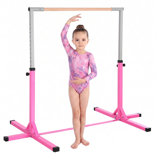 Height Adjustable Gymnastics Horizontal Bar for Kids, Children Junior Kip High Bar Fitness, Pink