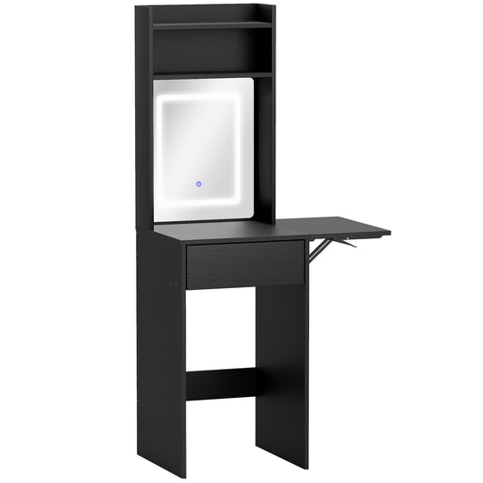 Small Vanity Desk with Mirror and LED Lights, Compact Dressing Table with Drop Leaf, Open Shelves and Drawer