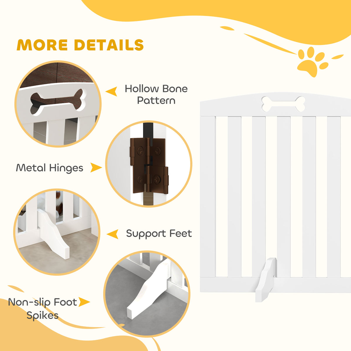 Wooden Dog Gate, Freestanding Pet Gate with Support Feet for Doorways, Hallways, Stairs, 155L x 61H cm, White