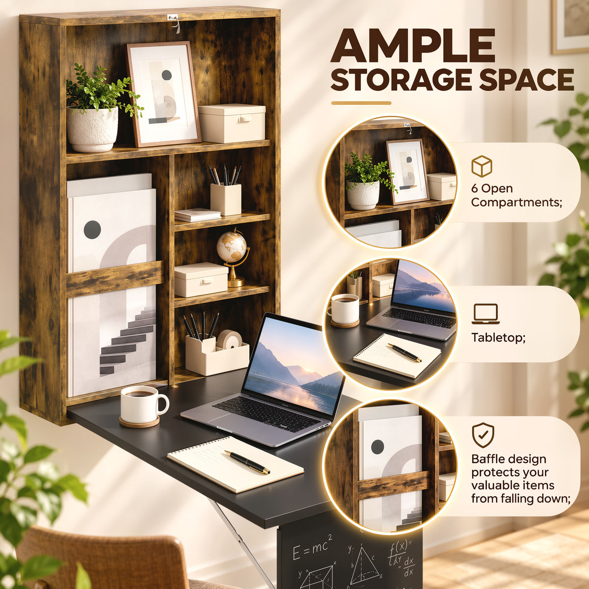 Folding Wall-Mounted Drop-Leaf Table, Convertible Wall Table With Chalkboard and Storage Shelf, Rustic Brown