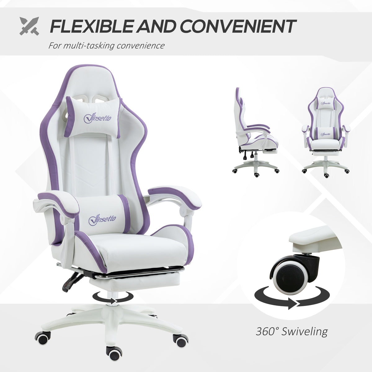 Computer Gaming Chair, PU Leather Office Desk Chair with Footrest, Swivel Wheels, 135° Reclining Back, Lumbar Support, Headrest for Home, White and Purple