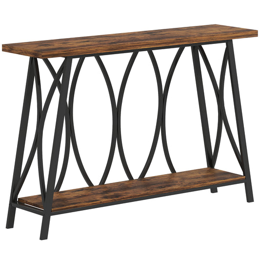 Narrow Console Table, Industrial 2-Tier Sofa Table with Metal Frame for Entryway, Living Room, 120x30x80cm, Rustic Brown