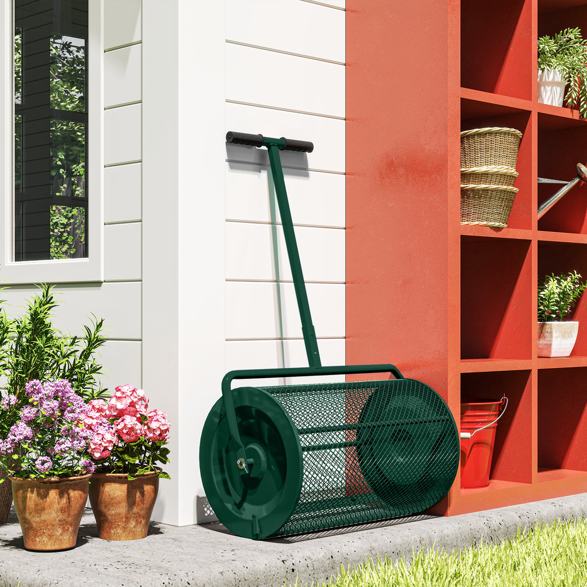 Compost Spreader, 24" Peat Moss Spreader with Height Adjustable T Shaped Handle and Metal Mesh Basket, Garden Spreader for Seeding, Spreading Manure
