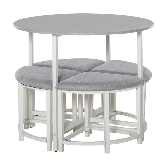 Modern Round Dining Table Set with 4 Upholstered Stools for Dining Room, Kitchen, Grey