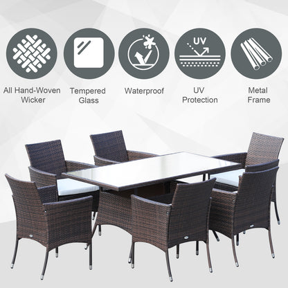 6 Seater Rattan Dining Set with Cushions, Rattan Garden Furniture Set with 6 Armchairs, Rectangular Glass Top Table, Outdoor Dining Table and Chairs, Brown