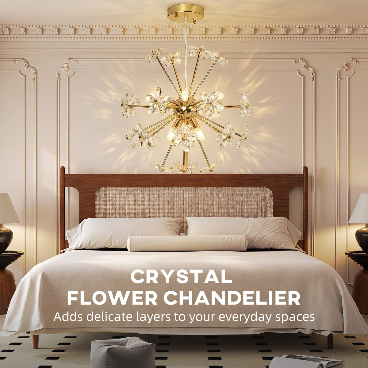 Crystal Chandeliers Ceiling Light with Flower, Modern Pendant Light with Adjustable Height, Ceiling Plate, Clear